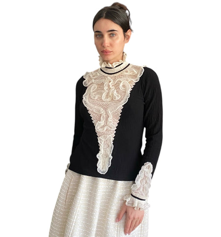 Chanel Lace Knit Ruffle Black Long Sleeve Top - 38 / 6