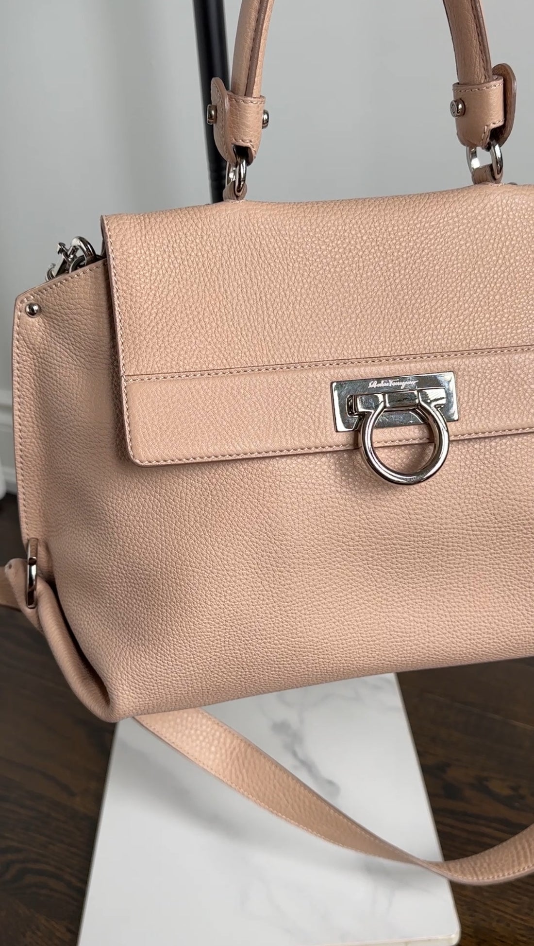 Salvatore Ferragamo Gancini Sofia Nude Grained Leather Two Way Handbag