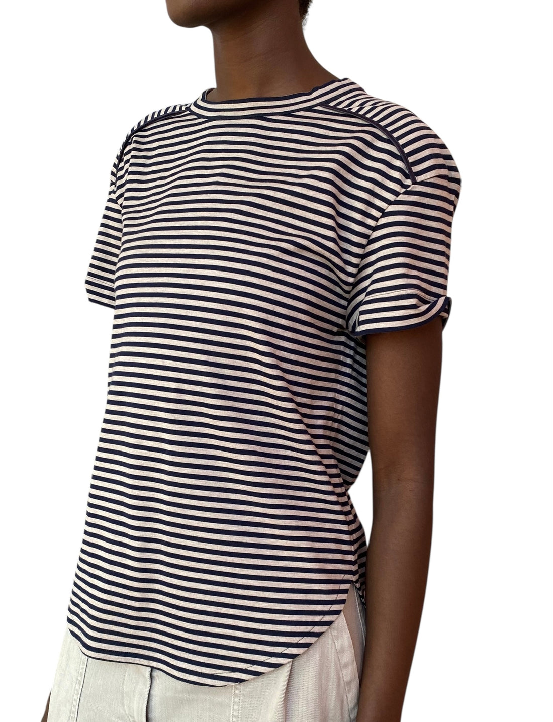 Brunello Cucinelli Beige and Navy Cotton Stripe Tee - S