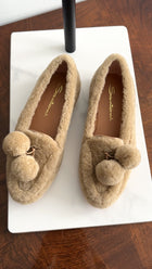 Santoni Camel Shearling Pom Pom Loafers - 36.5