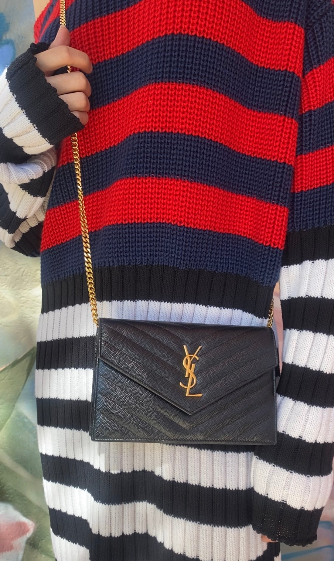Saint Laurent Black Cassandre Grain de Poudre Chevron Wallet on Chain