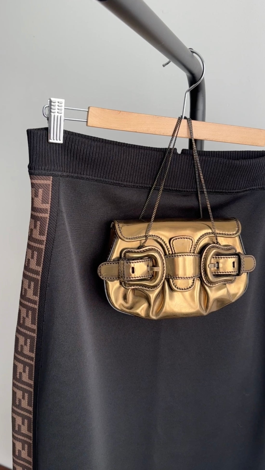 Fendi Bronze Leather Mini B Bis Bag with Chain Straps