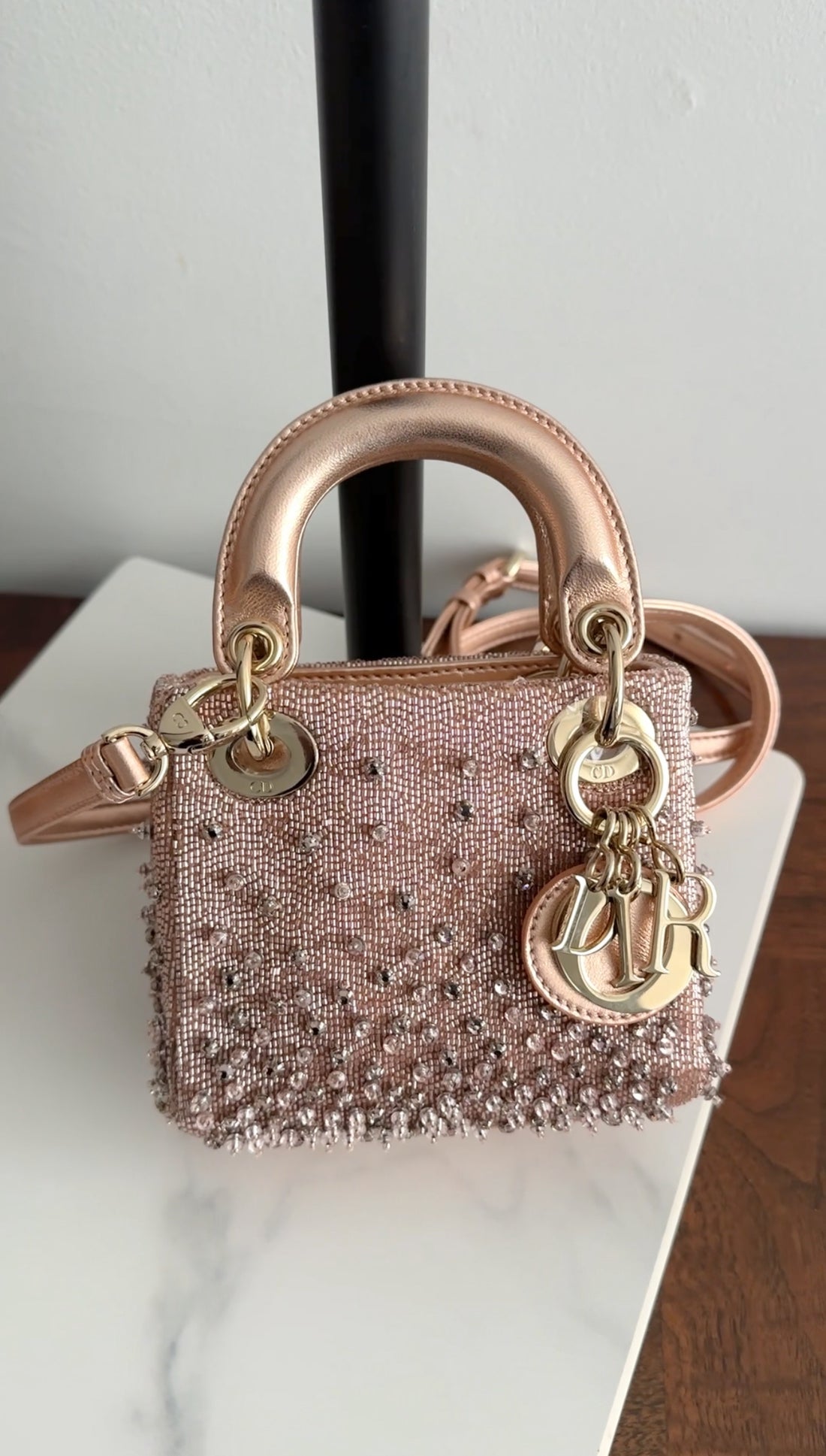 Dior Lady Dior Pink Metallic Leather Bead Crystal Embroidered Micro Bag