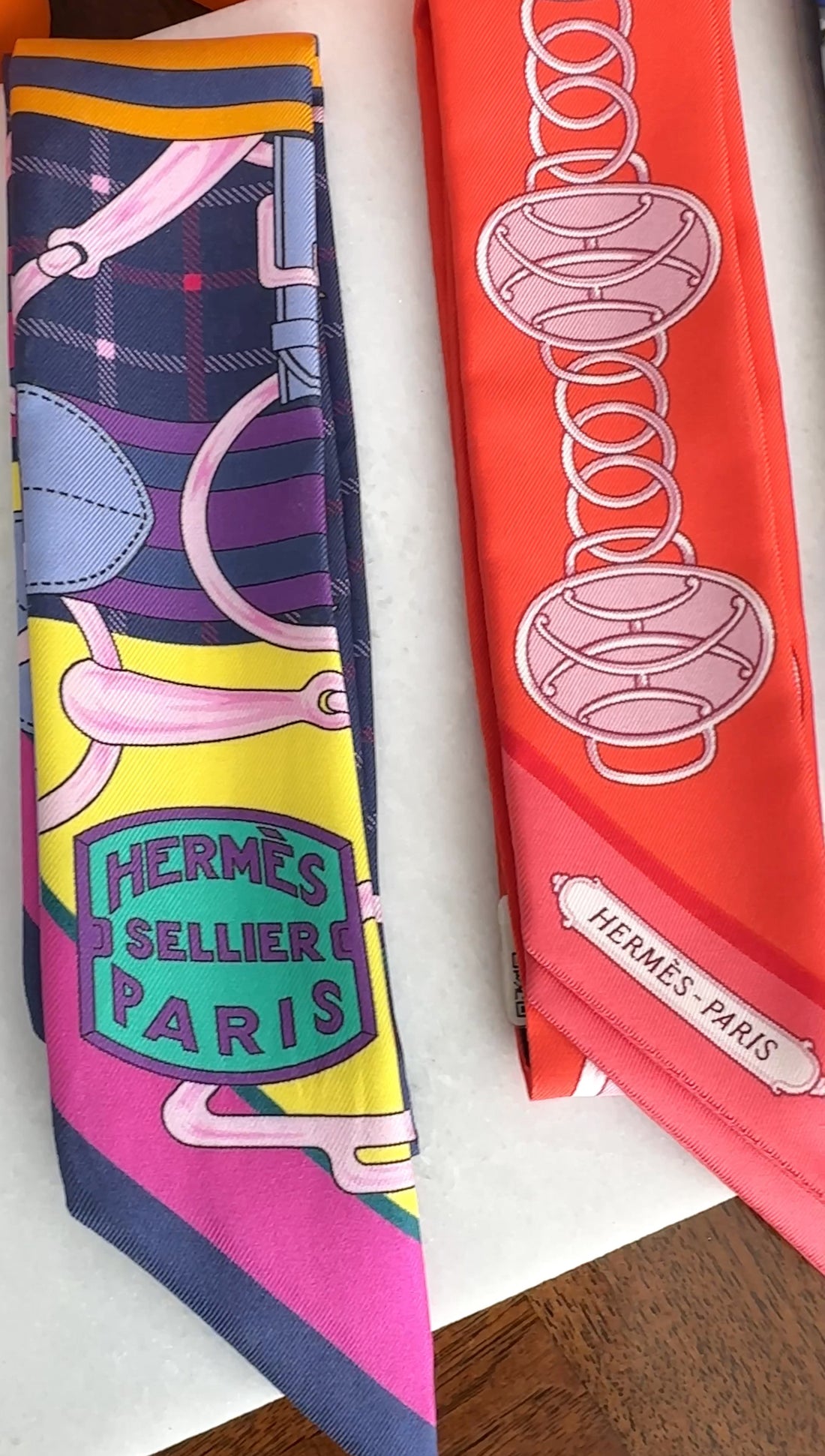 Hermes Purple Yellow Silk Tatersale Twilly