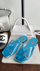Miu Mu Blue Metallic Leather Clear Flat Sandals - 39.5