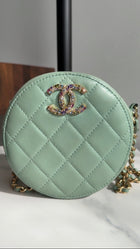 Chanel Mint Green Quilted Leather CC Strass Mini Round Clutch Bag