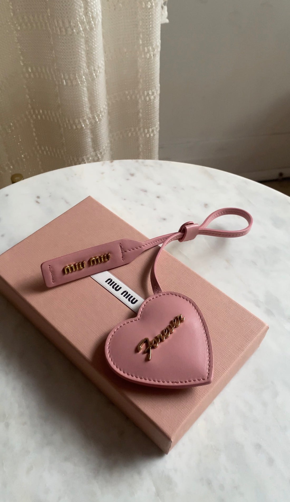 Miu Miu Pink Gold "Forever" Heart Puffy Leather Logo Bag Charm