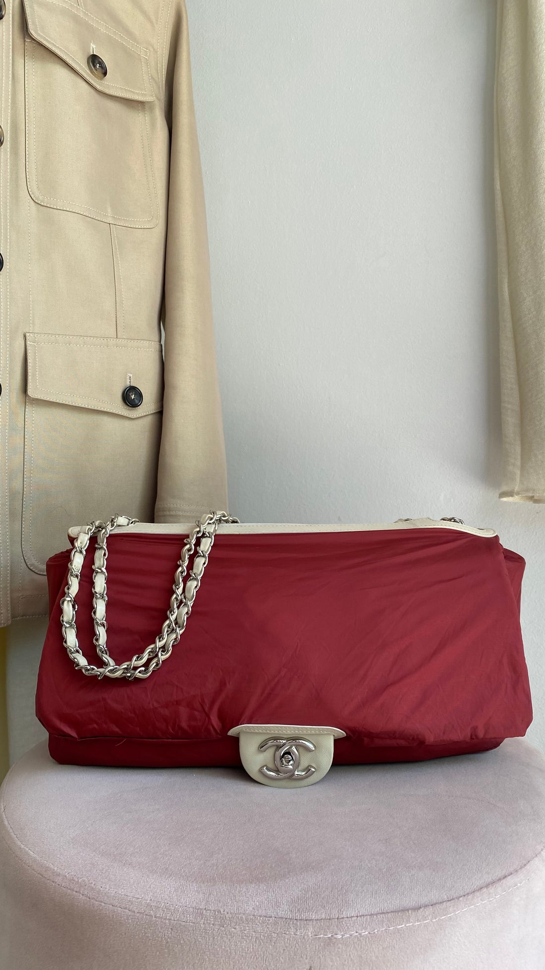 Chanel Seoul Coco Ivory Beige Quilted Lambskin Jumbo Rain Flap Bag