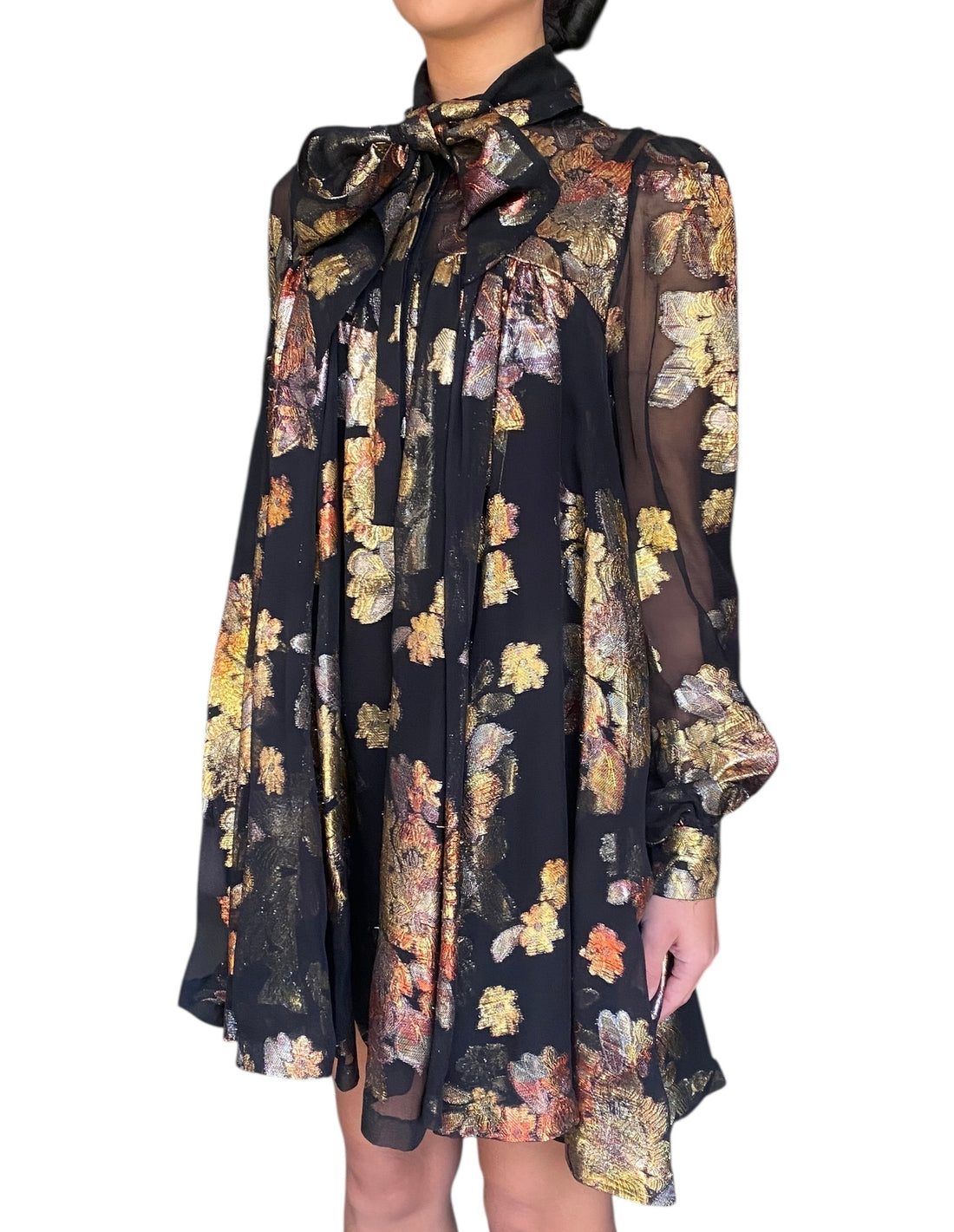 Saint Laurent Black Floral Silk Jacquard Mini Flared Dress - 40 / US 4