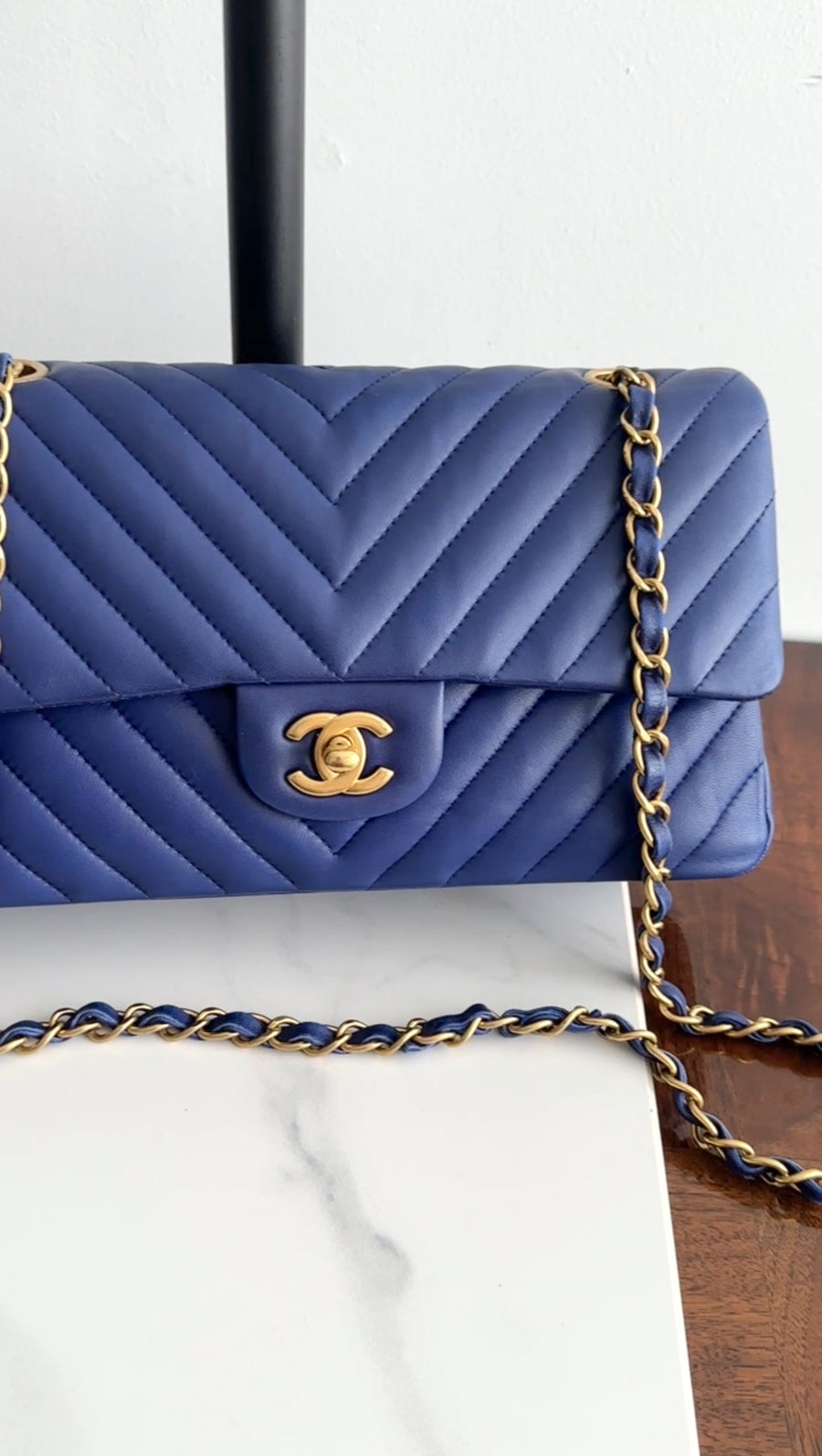 Chanel Blue Chevron Quilted Medium Double Classic Flap Bag GHW