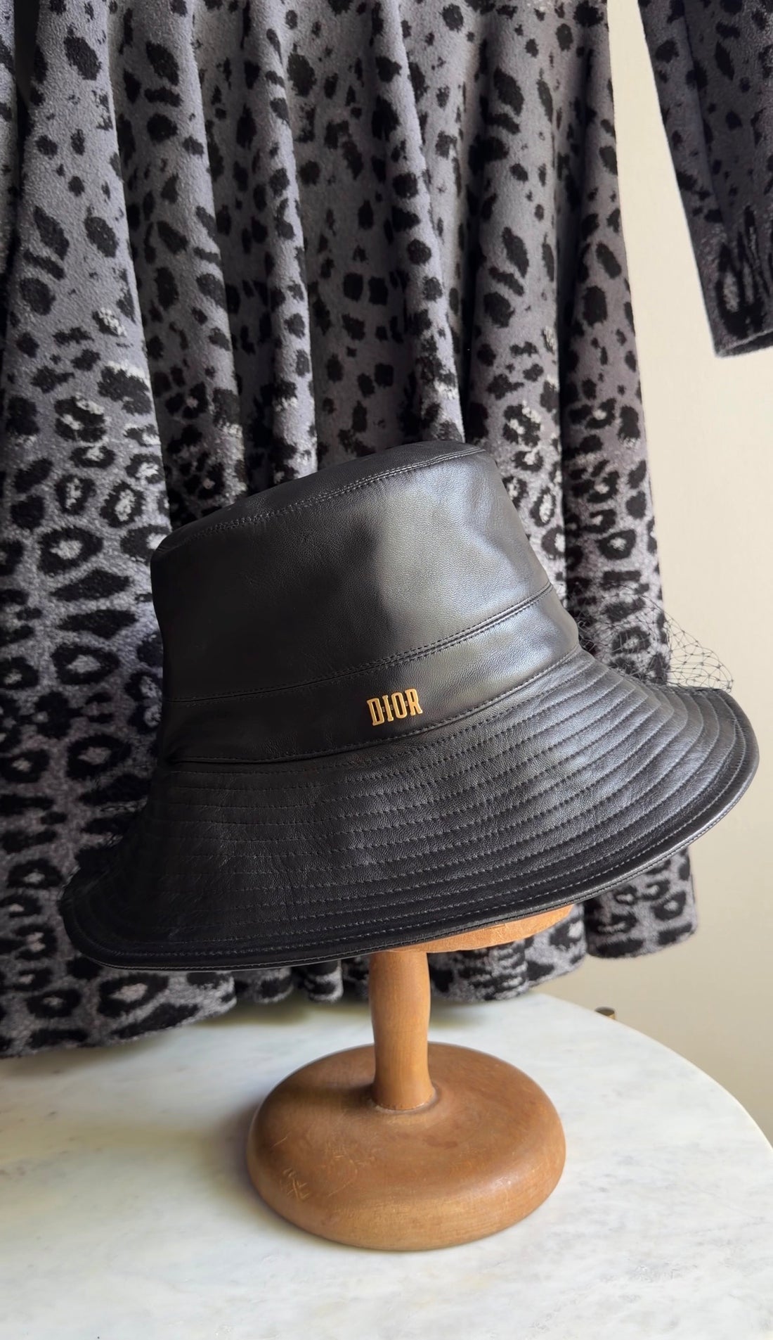 Christian Dior Black Teddy-D Brim Leather Bucket Hat with Veil