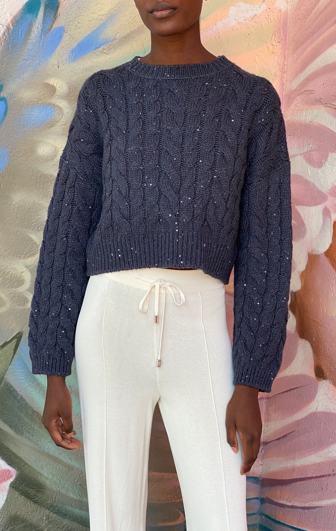 Brunello Cucinelli Navy Cashmere Shimmer Sequin Cable Knit Crop Sweater - S