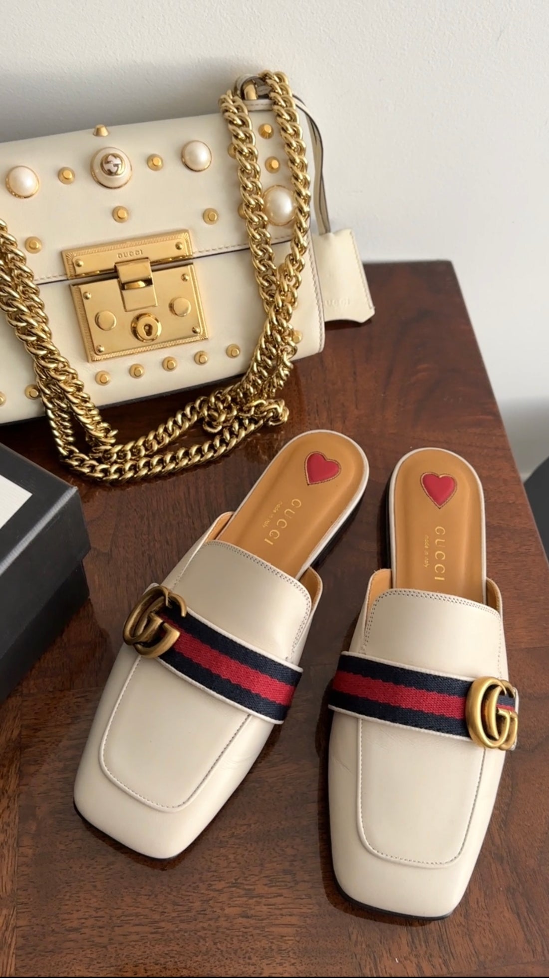 Gucci Marmont Ivory Leather Web Mule Slides - 35