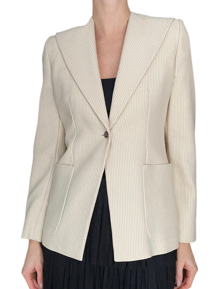 Chanel 01P Vintage Corduroy Textured Ivory Blazer with Black Buttons - S (4/6)