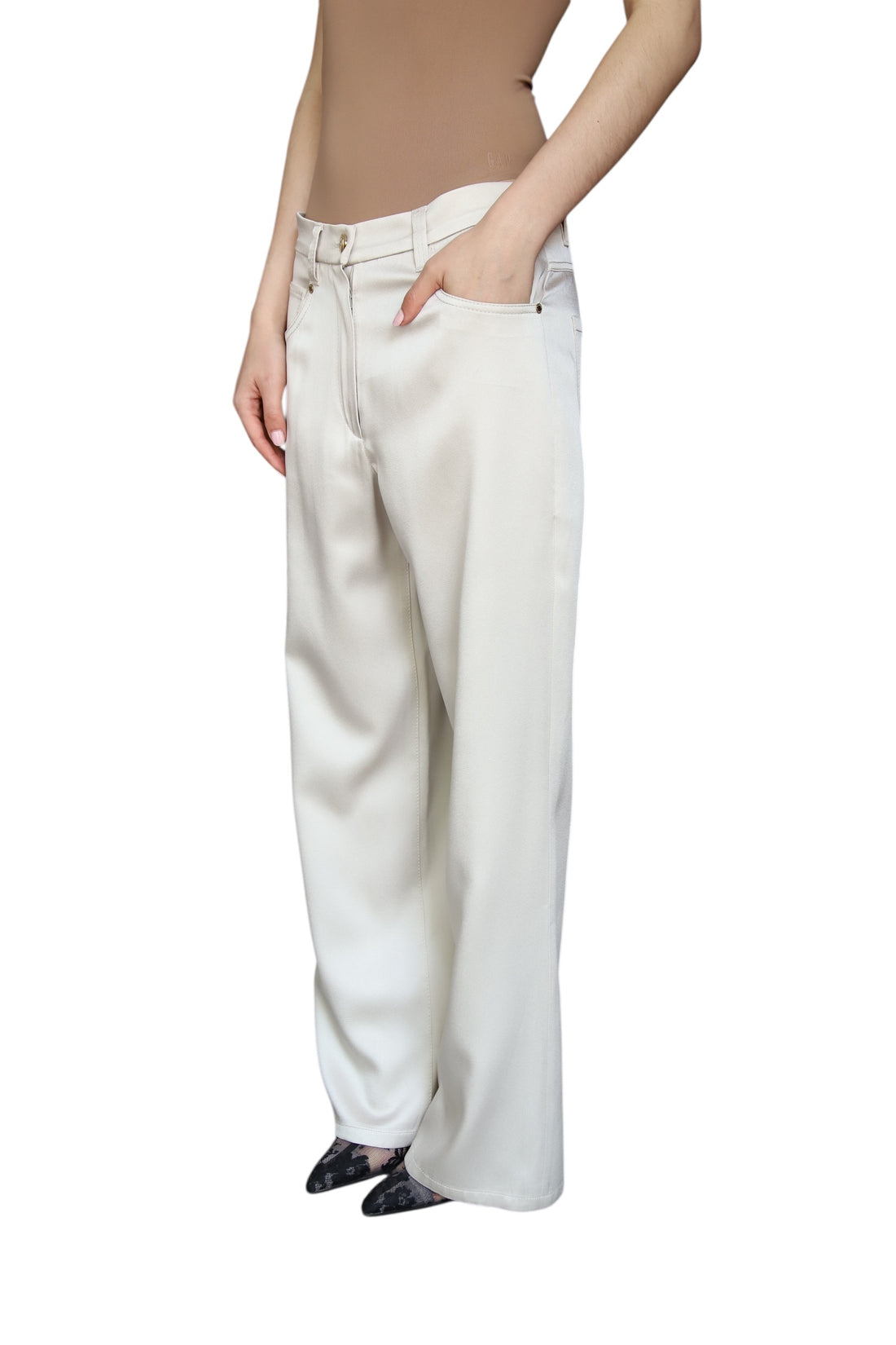 Brunello Cucinelli Ecru Satin Wide Leg Trousers - IT 42 / US 6