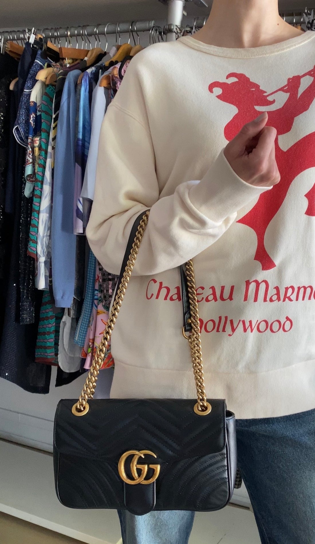 Gucci Black GHW Chevron Quilted Leather GG Marmont Chain Bag