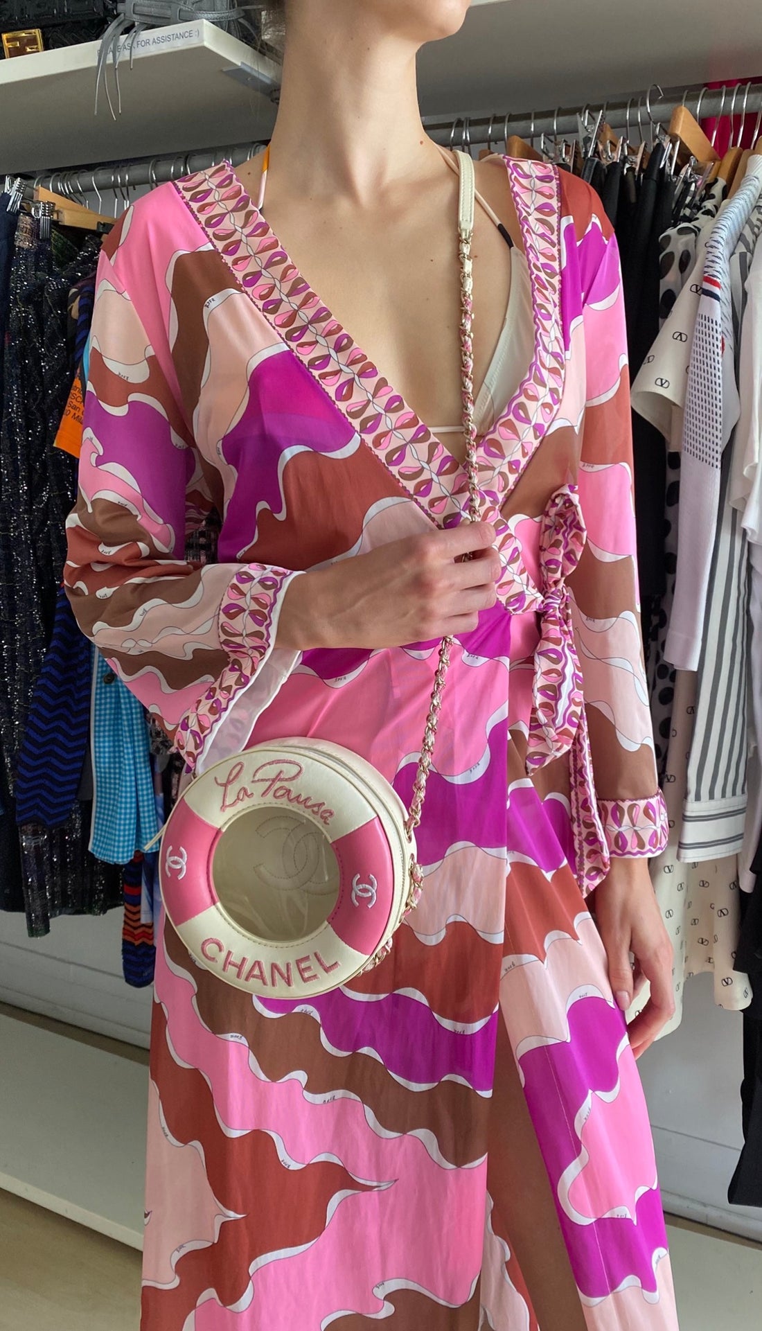 Chanel 2019 C Runway Pink and White La Pausa Lifesaver Round Bag