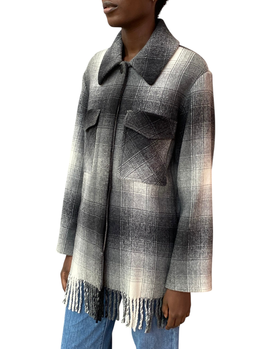 T By Wang Grey Fringe Checked Shacket - US 6