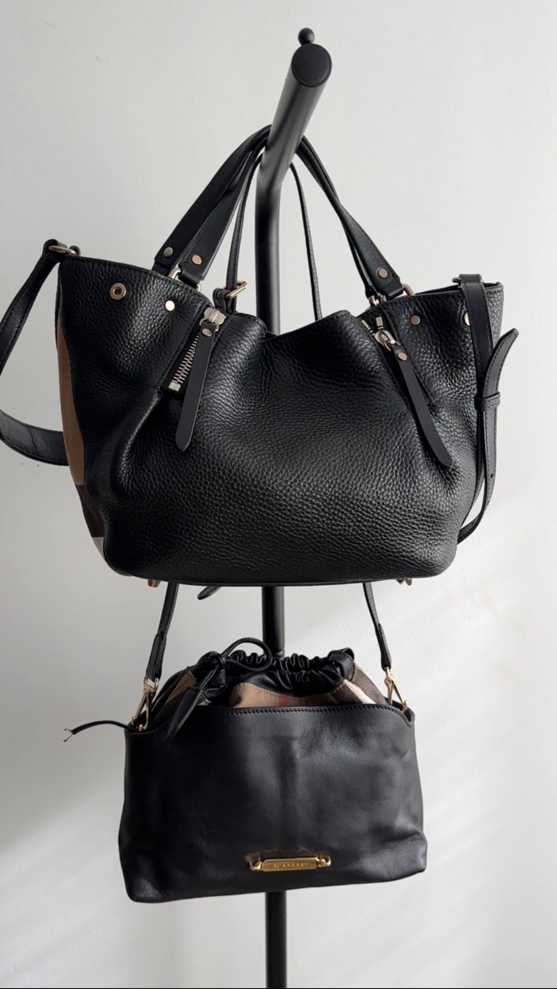 Burberry Black Grained Leather and Check Fabric Maidstone 2-way Bag