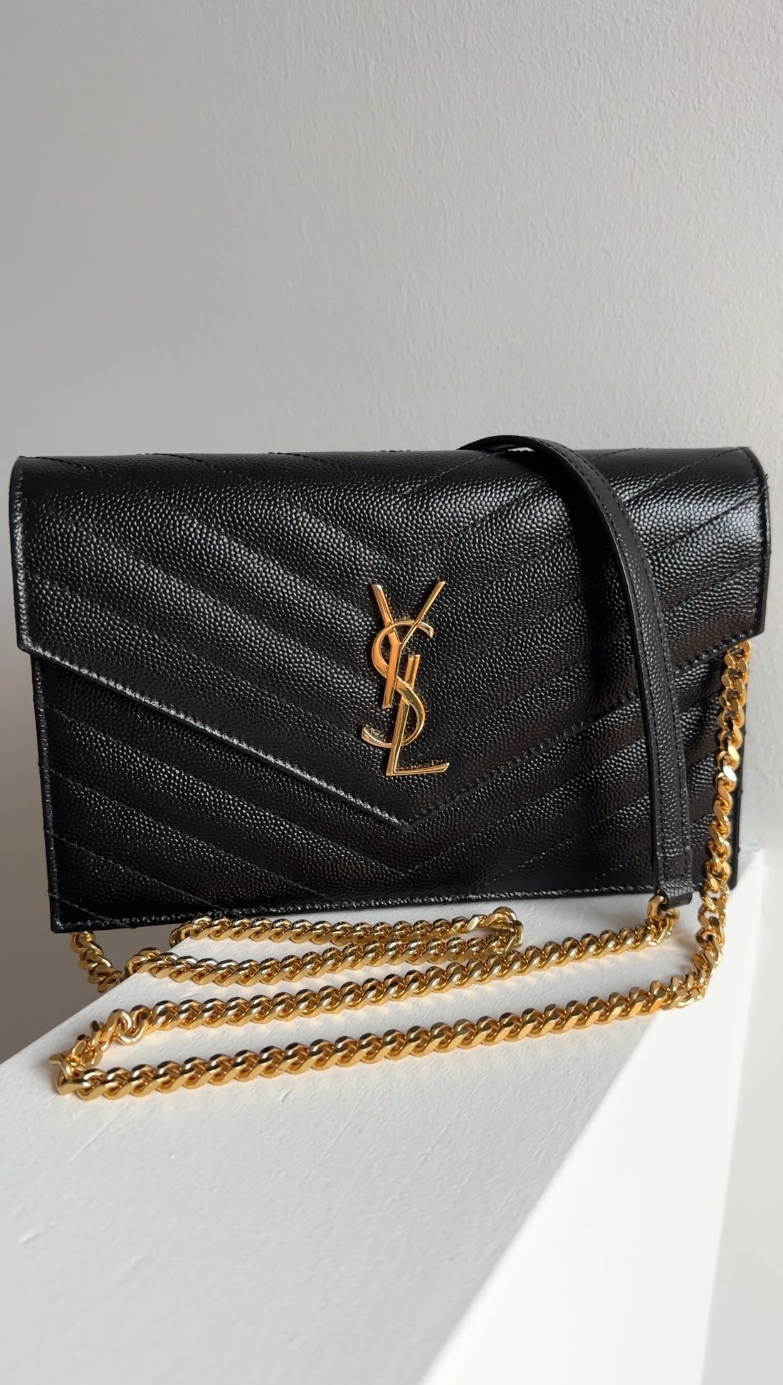Saint Laurent Black Grain de Poudre Cassandre Wallet on Chain Bag