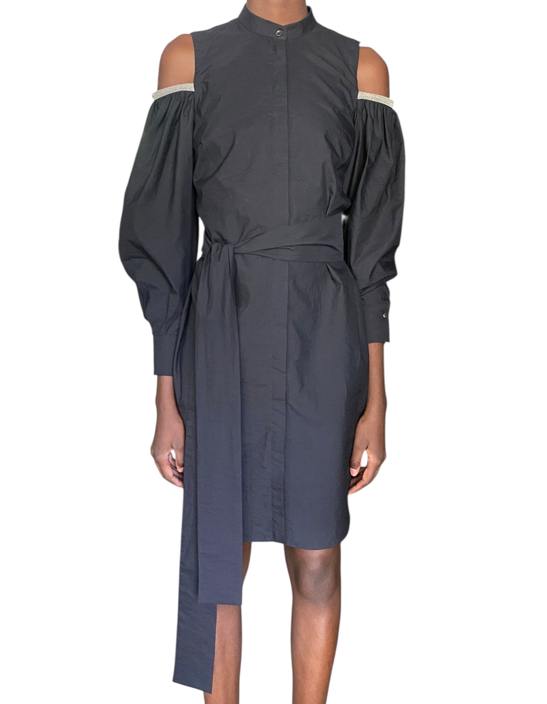 Brunello Cucinelli Crinkled Cotton Exposed Shoulder Belted Shirt Dress - S