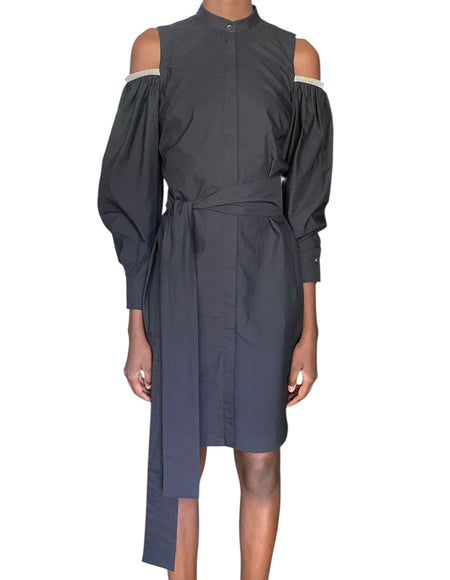 Brunello Cucinelli Crinkled Cotton Exposed Shoulder Belted Shirt Dress - S