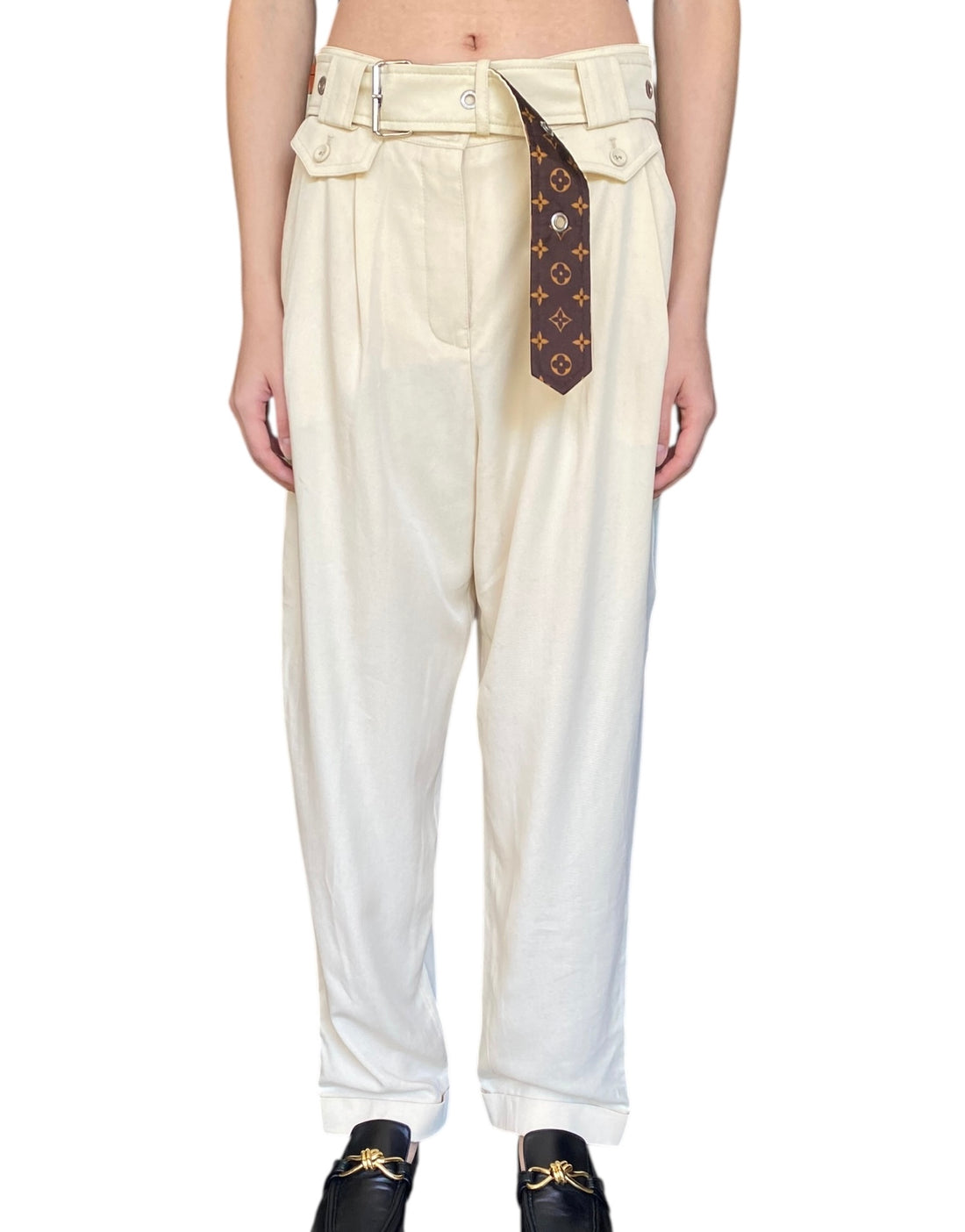 Louis Vuitton Ivory Logo Belted Trousers - 40