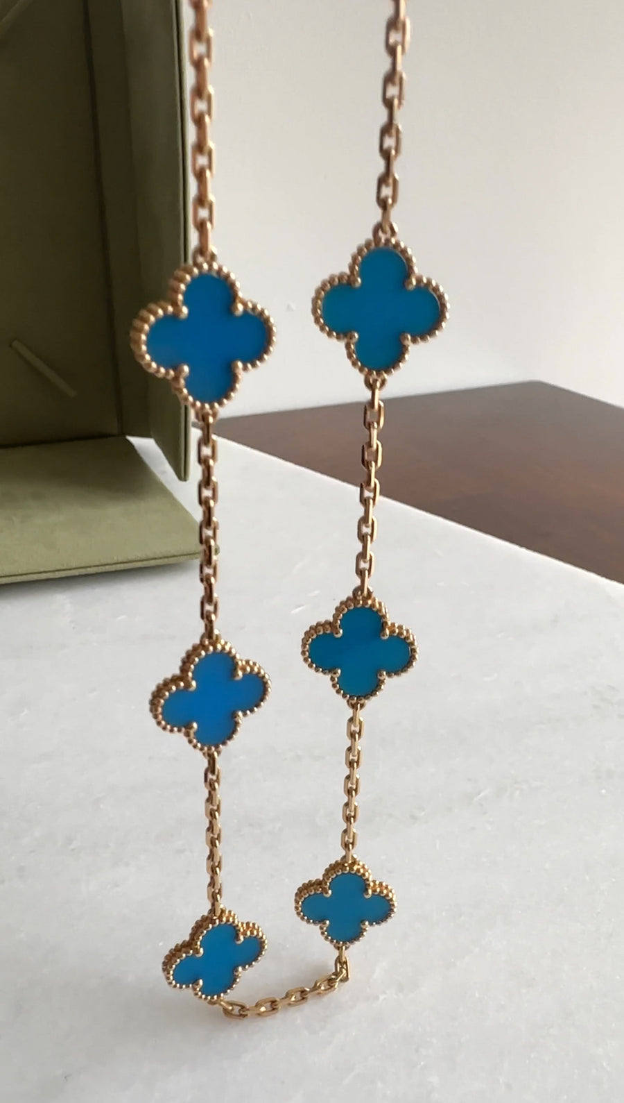 Van Cleef & Arpels 18K Yellow Gold Blue Agate Vintage Alhambra 10 Motif Necklace