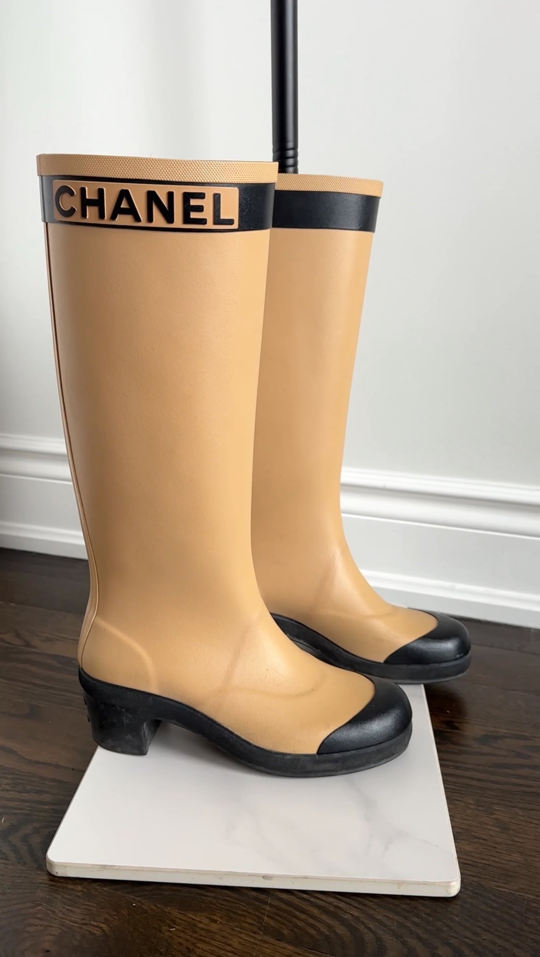 Chanel Beige and Black Tall Rubber Two-Tone Logo Rainboot - 37 / 6.5