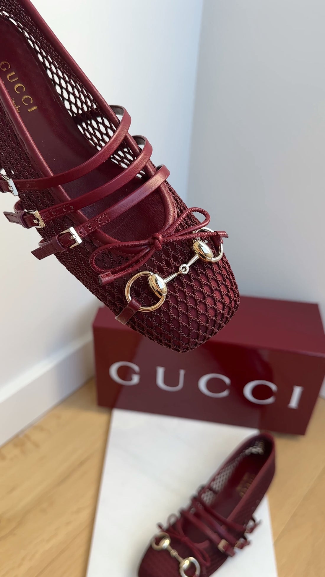 Gucci Ancora Burgundy Red Mesh Horsebit Ballerina Ballet Flats - 36.5