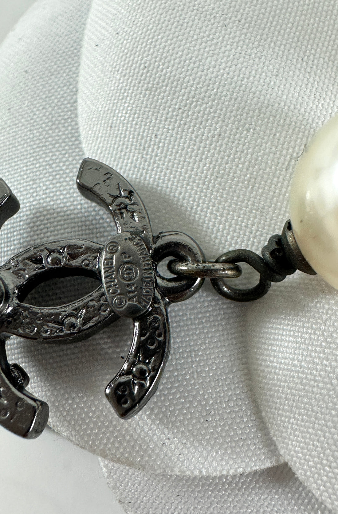 Chanel 14P Ruthenium Crystal and Pearl Small CC Drop Earrings