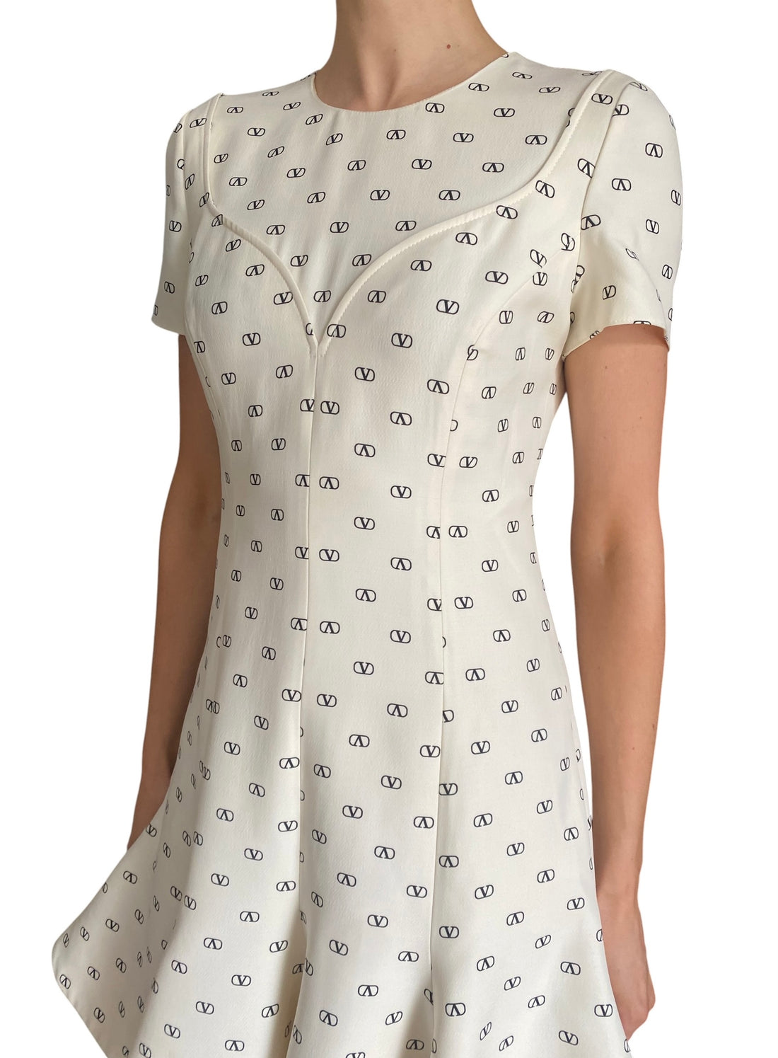 Valentino Ivory Wool & Silk "Logo Godet" Monogram Flared Mini Dress - IT 40 / US 4