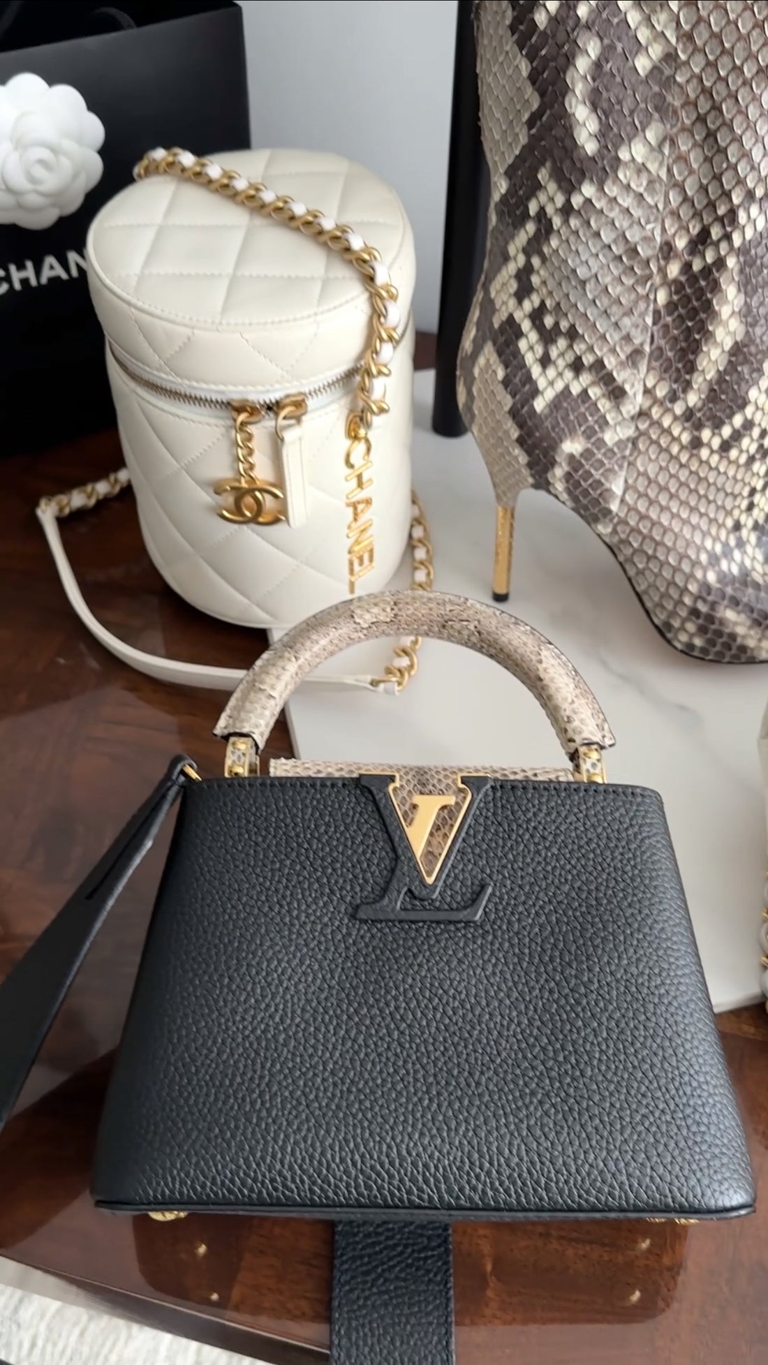 Louis Vuitton Capucines Mini Python and Black Leather Bag
