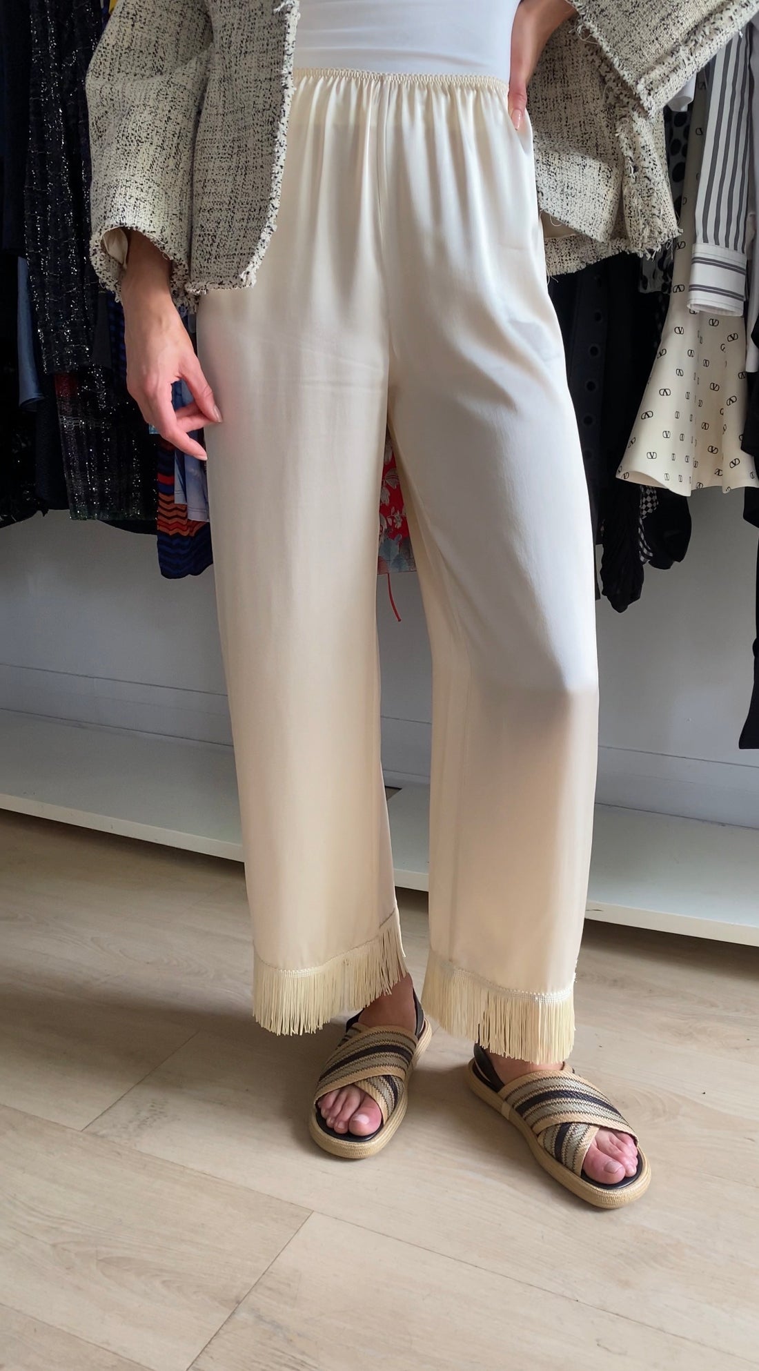 Doen Champagne Silk Satin Fringe Trimmed Wide-Leg Pyjama Pants - S / US 4-6