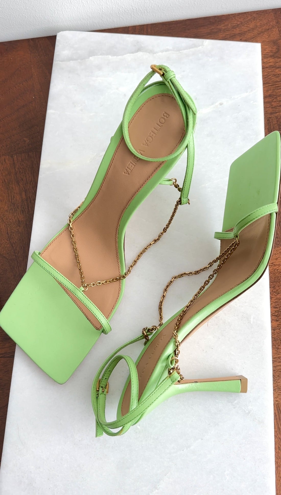 Bottega Veneta Lime Green Chain Stretch Sandals - 40