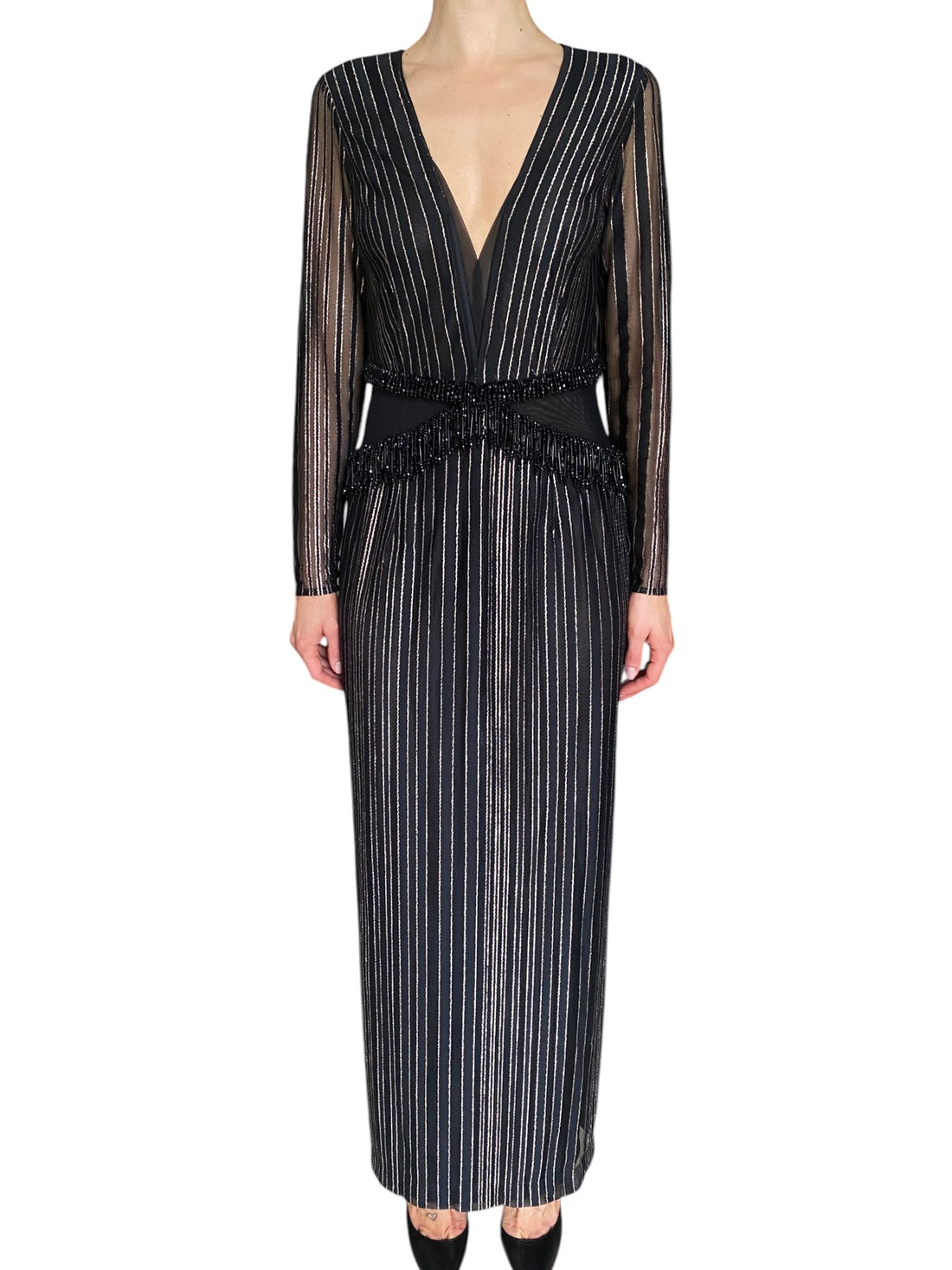 PatBo Black “Prism” Beaded Metallic Striped Lurex Gown - 40 / US 8