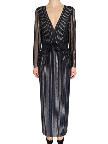 PatBo Black “Prism” Beaded Metallic Striped Lurex Gown - 40 / US 8
