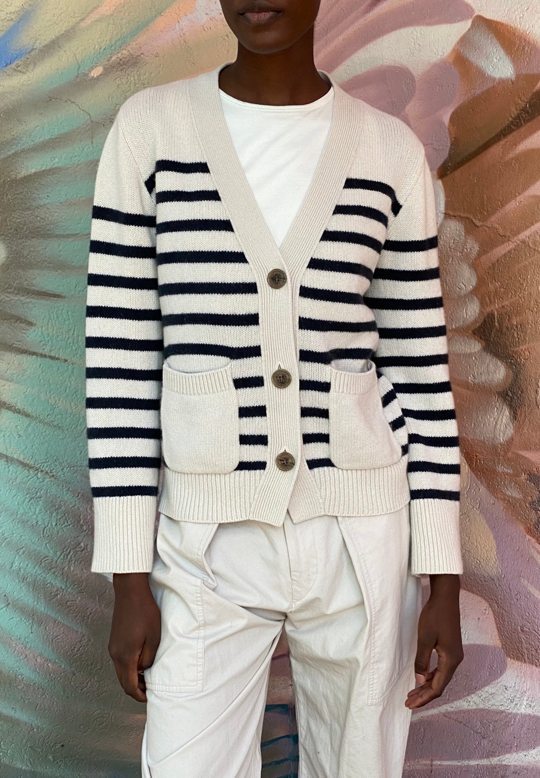 Lisa Yang Ivory Navy Cashmere Striped Cardigan Sweater - 1 / S