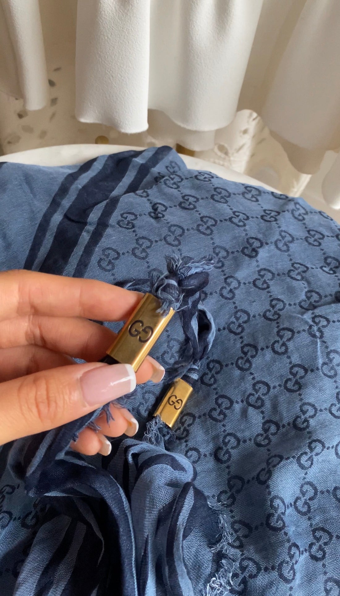 Gucci Blue GG Monogram Striped Modal Cotton Blend Triangle Shawl