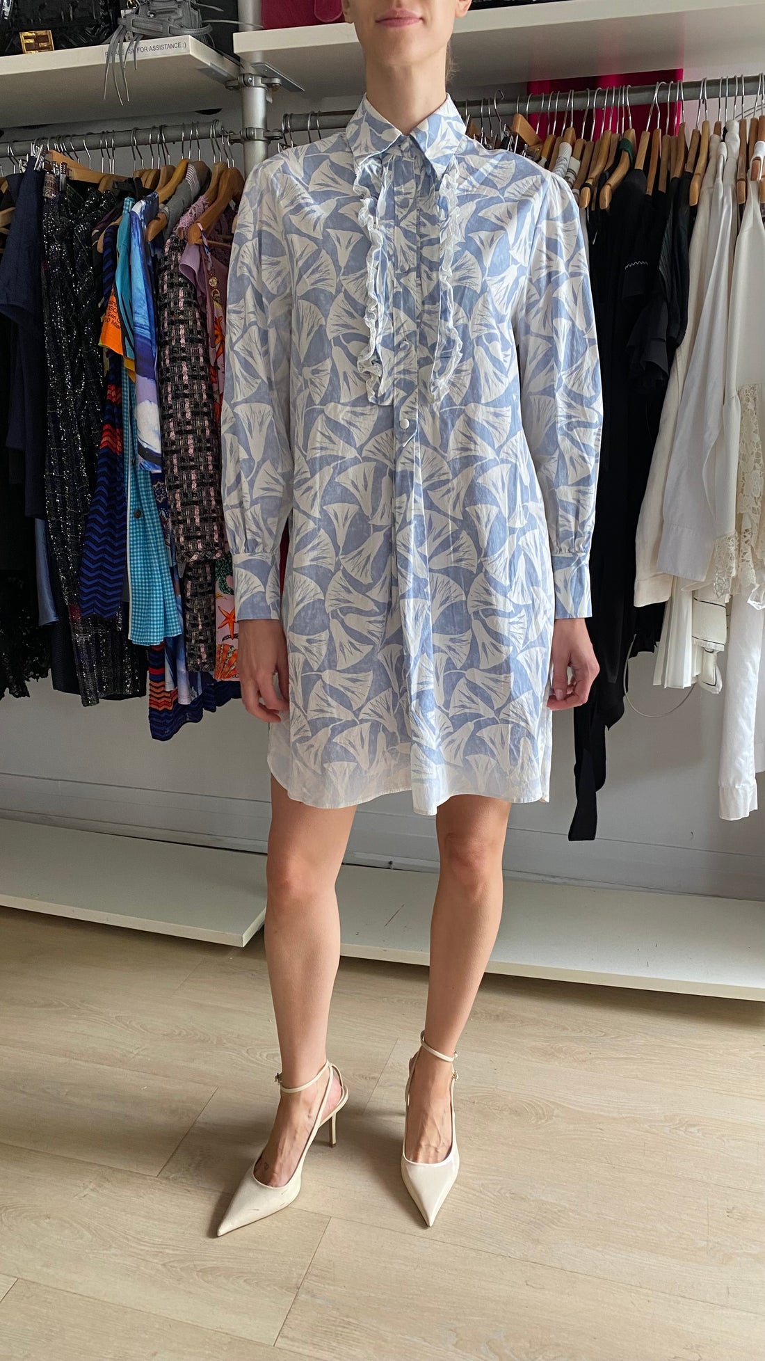 Prada Blue Cotton Papyrus Motif Ruffle Mini Dress - IT 38 / US 4