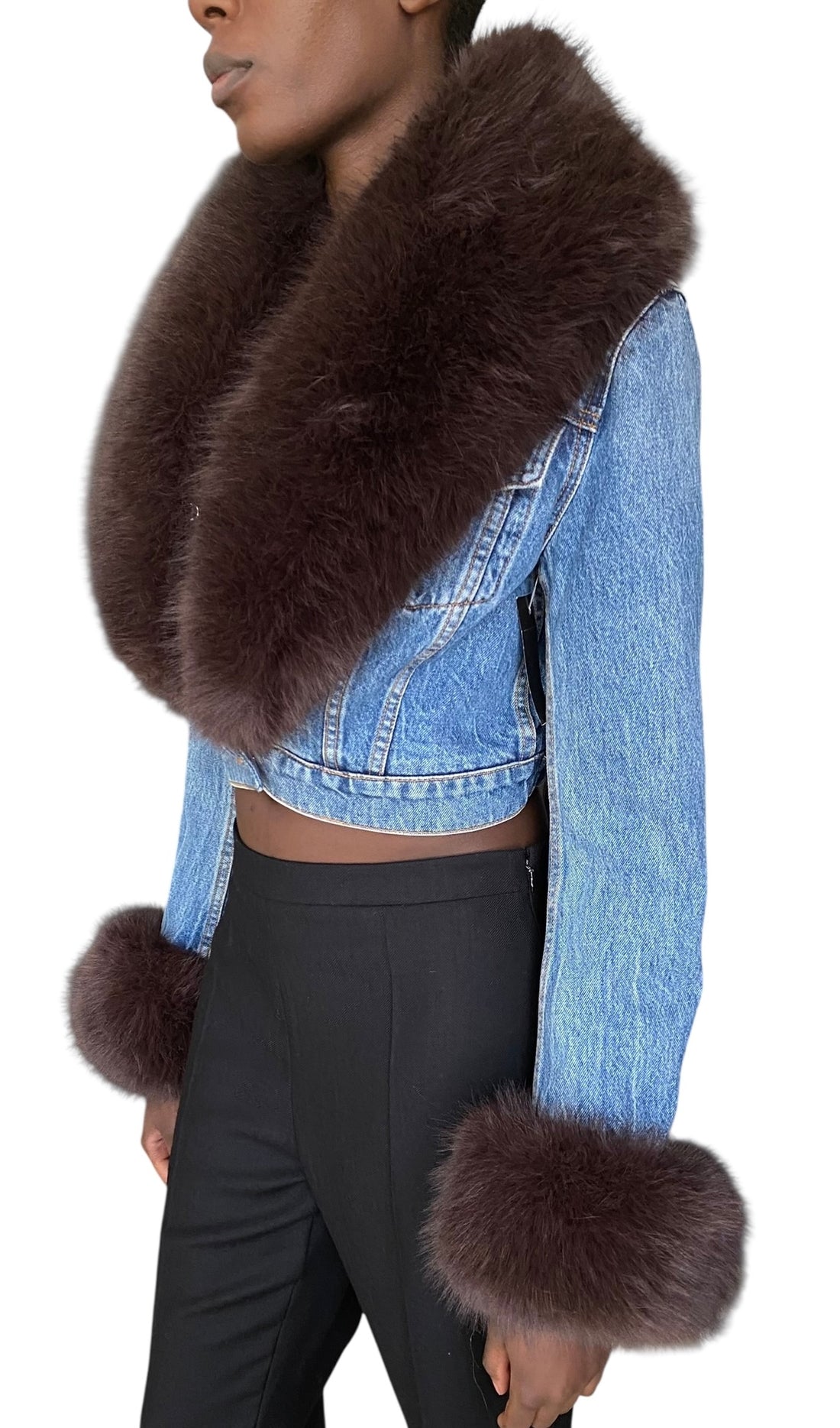 Alexander Wang Indigo Faux Fur Trim Cropped Denim Jacket - S / US 2-4