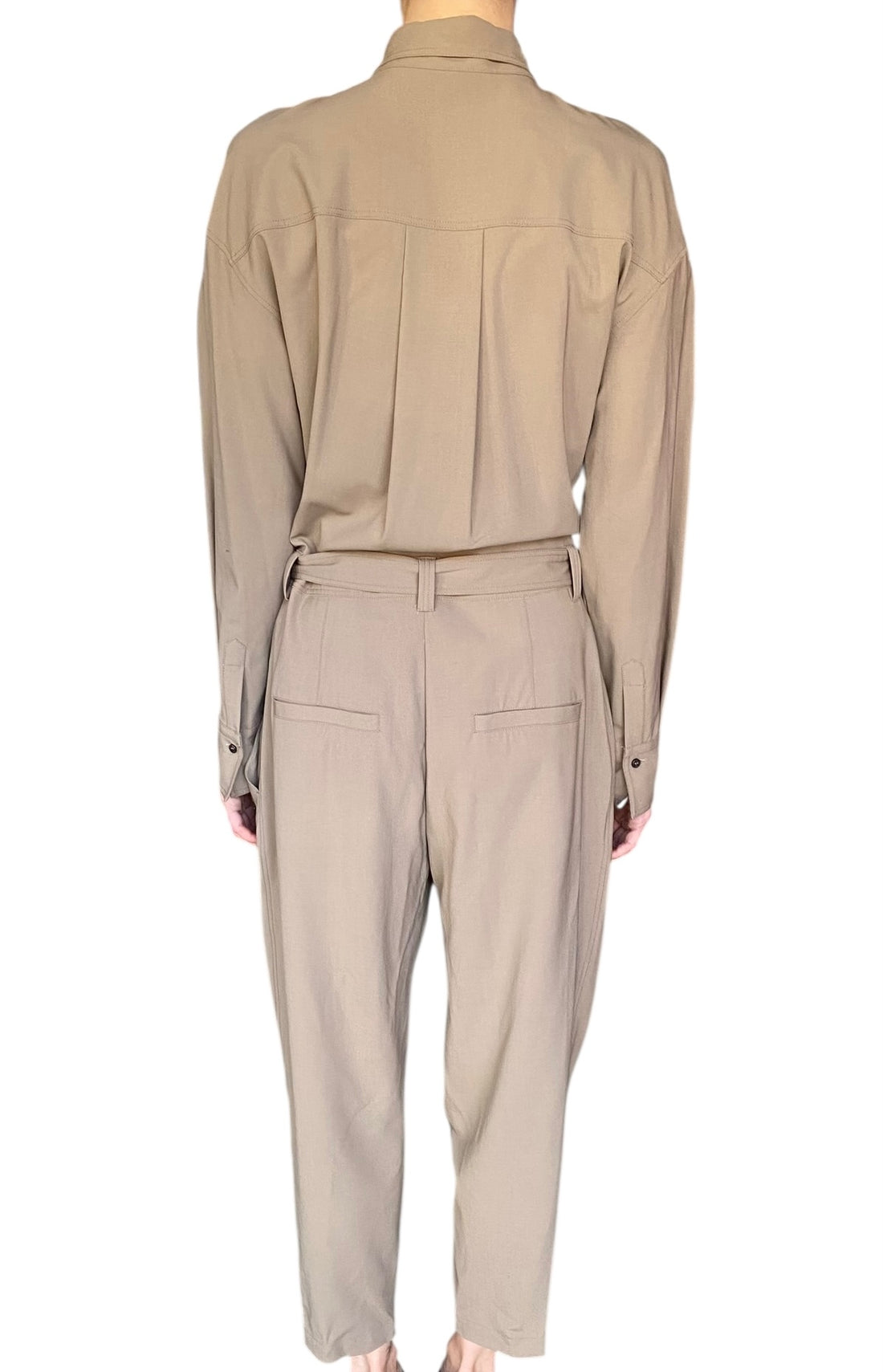 Brunello Cucinelli Khaki Wool Long Sleeve Belted Jumpsuit - M / US 6