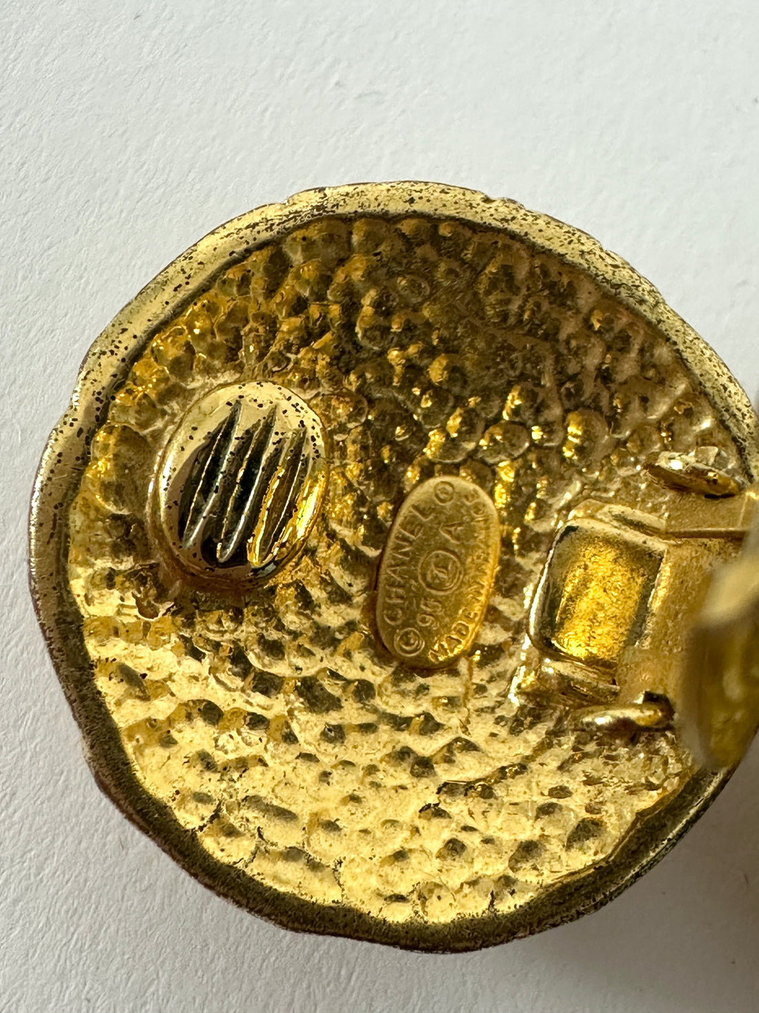 Chanel Vintage 95A Gilt Goldtone Textured CC Button Clip on Earrings