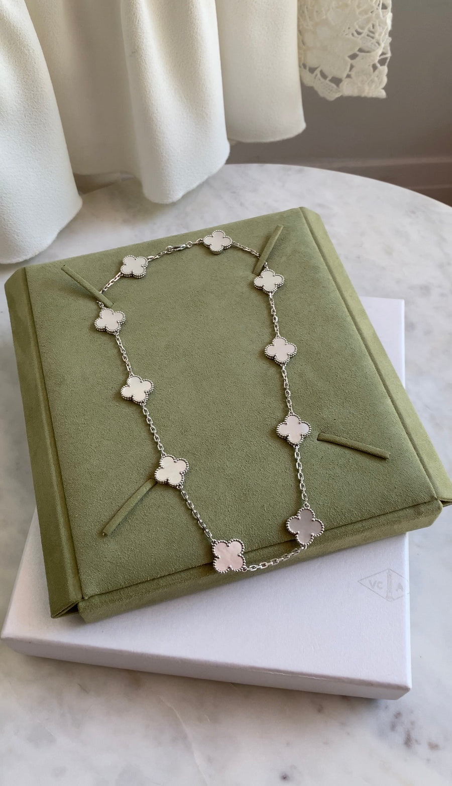 Van Cleef & Arpels Vintage Alhambra 10 Motif 18K White Gold Mother of Pearl Necklace