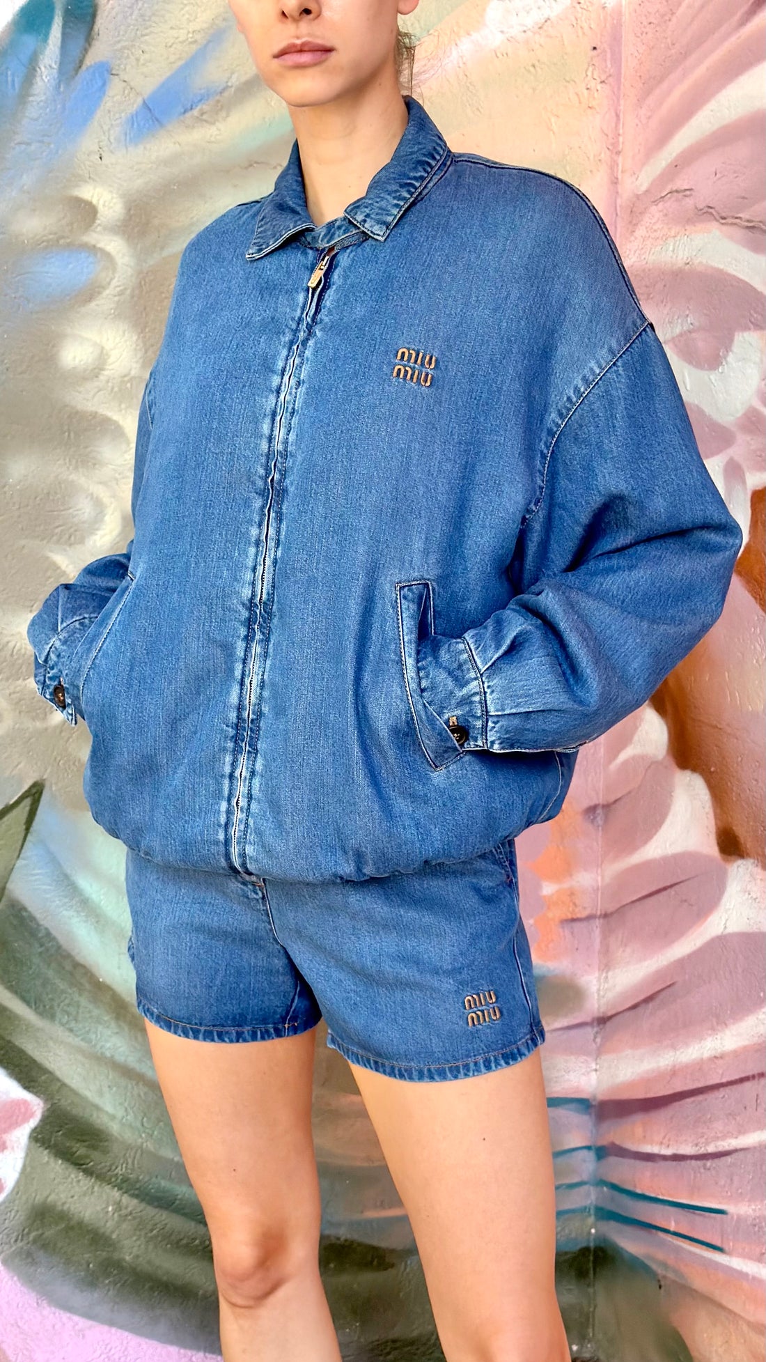 Miu Miu Blue Denim Padded Logo Zip Bomber Jacket - S / 40