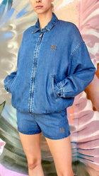 Miu Miu Blue Denim Padded Logo Zip Bomber Jacket - S / 40