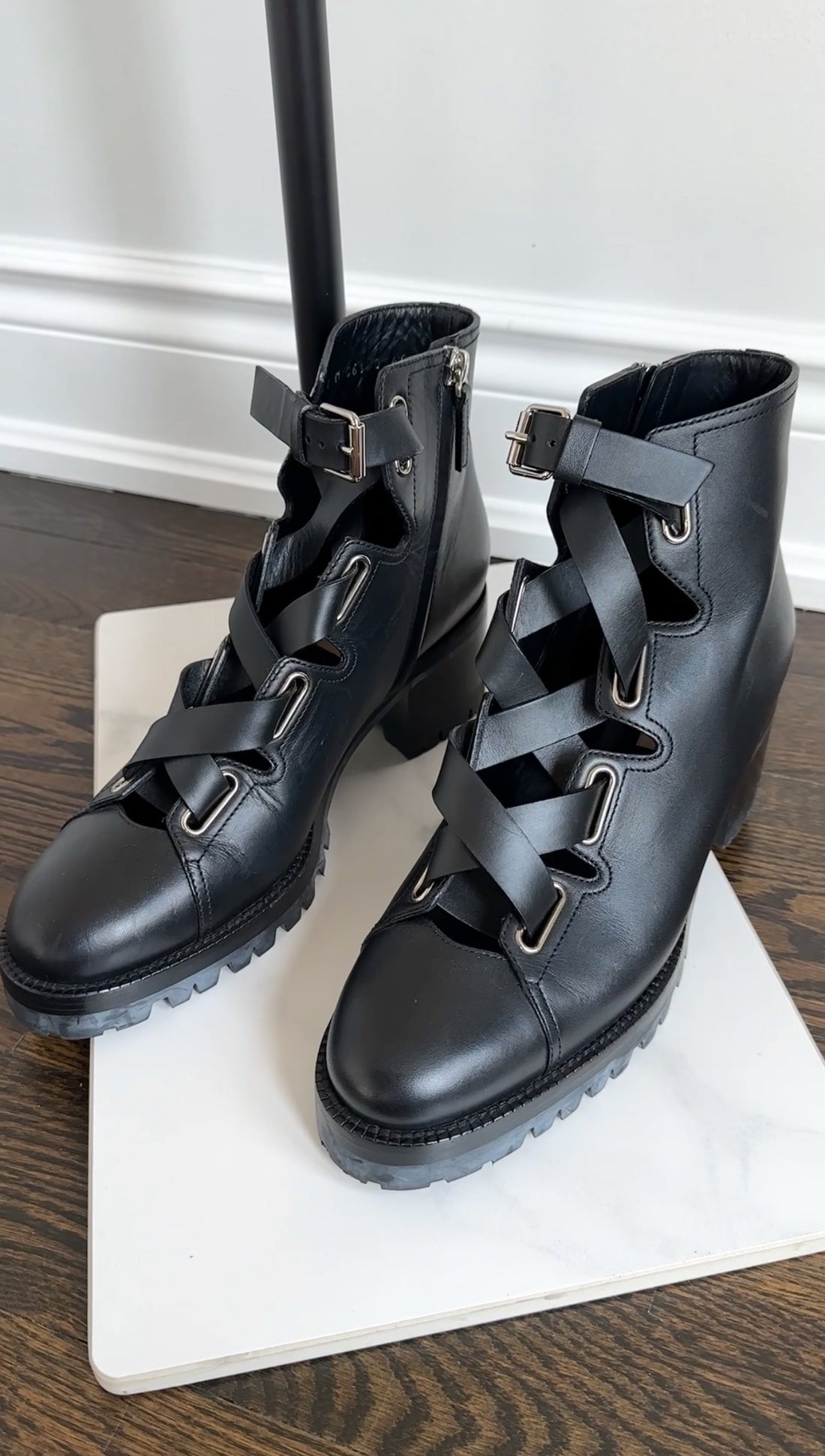 Valentino Black Leather Laced Ankle Boots - 40