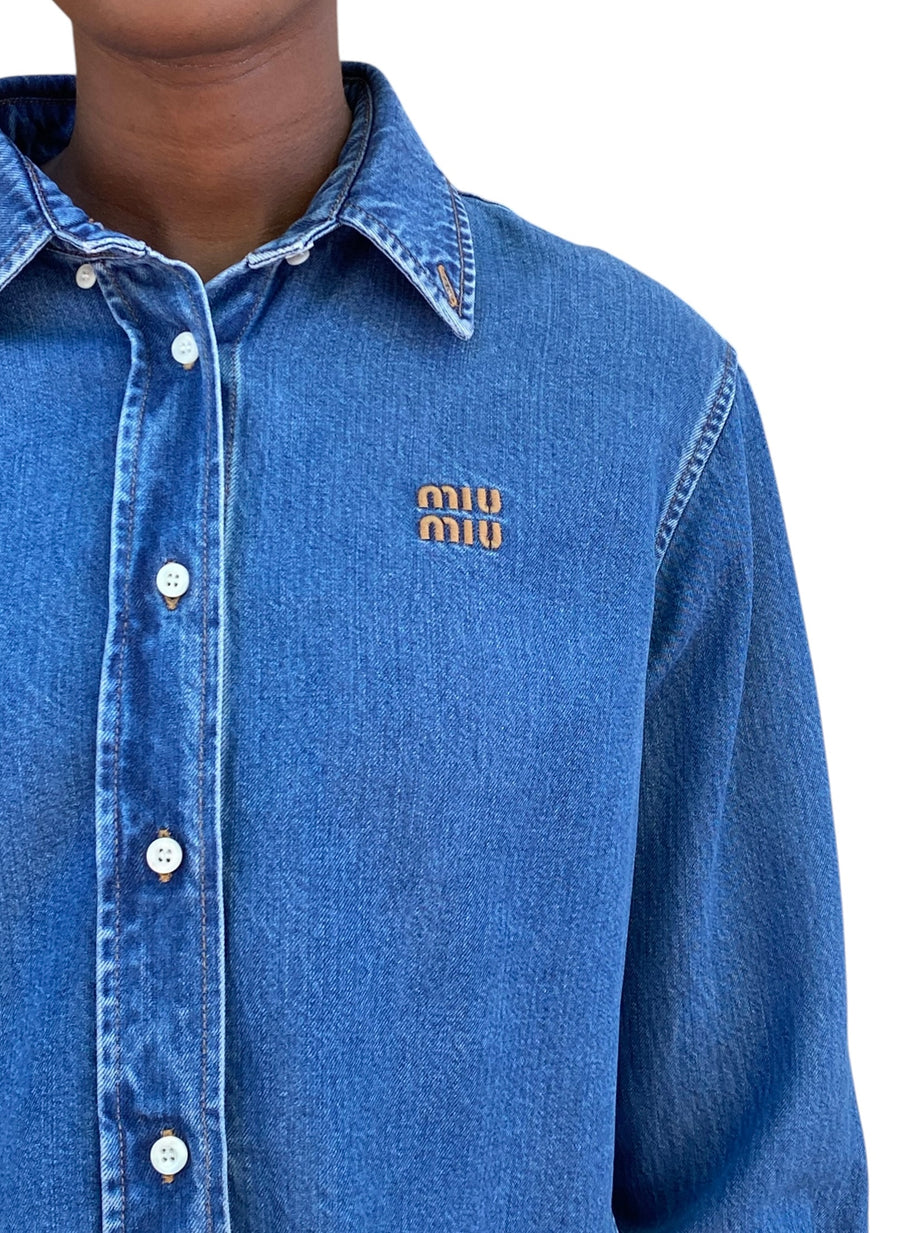 Miu Miu Blue Logo Embroidered Cropped Denim Shirt - IT 40 / US 4-6