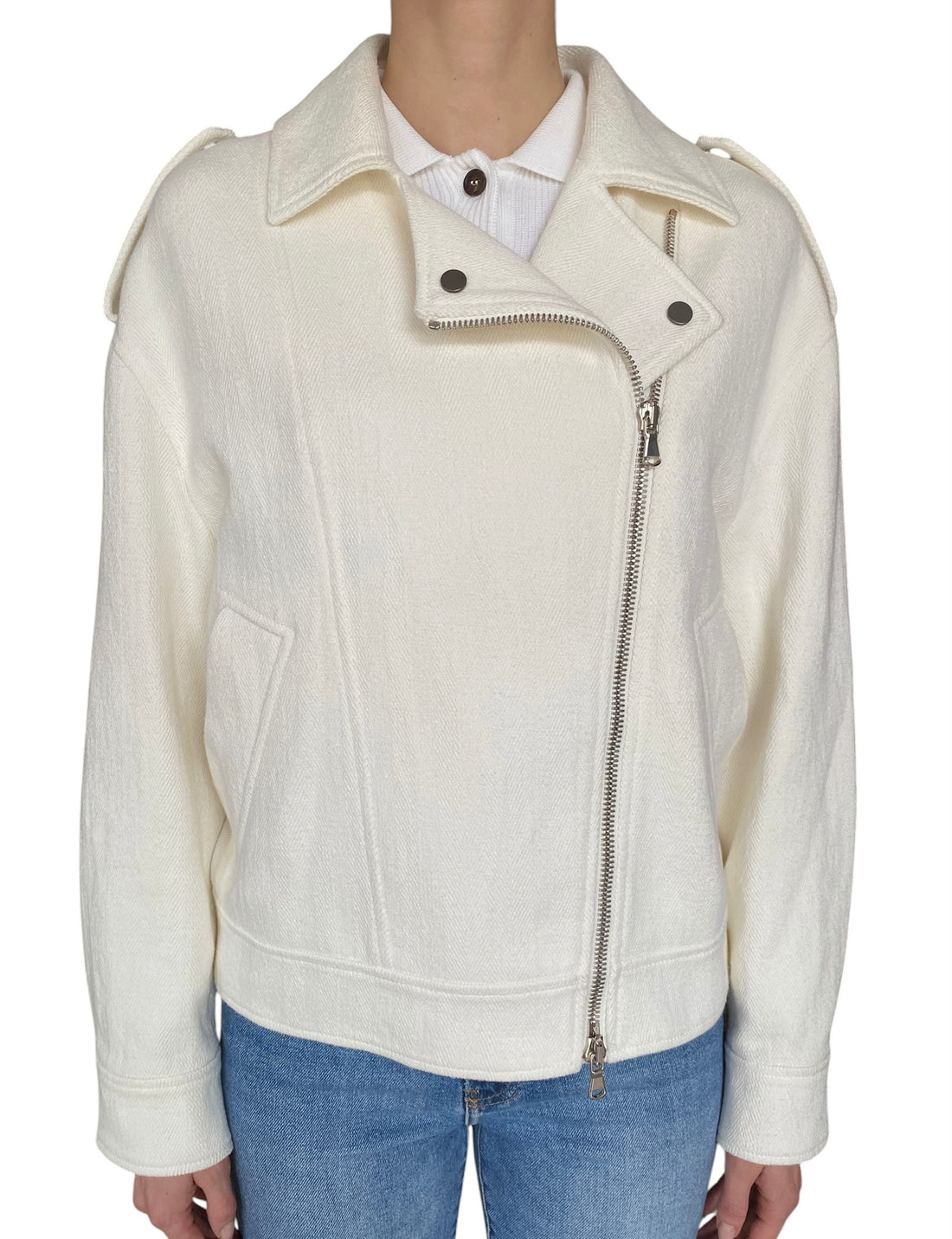 Brunello Cucinelli White Herringbone Moto Jacket - IT 40 / US 6-8