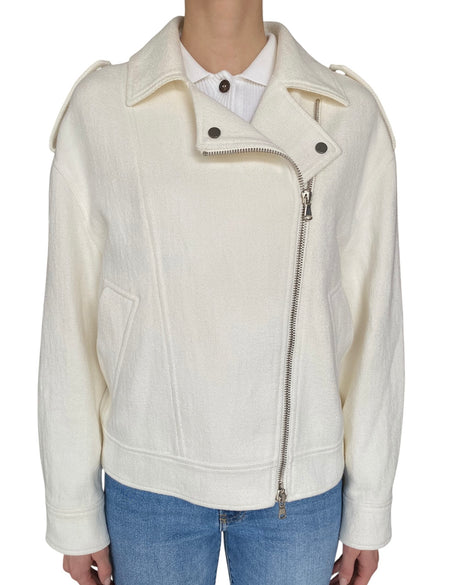 Brunello Cucinelli White Herringbone Moto Jacket - IT 40 / US 6-8